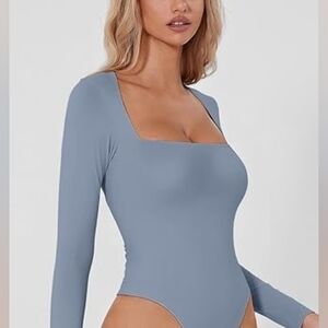 Qinsin Elegant Gray/Blue Long Sleeve Bodysuit Womens XL Seamless